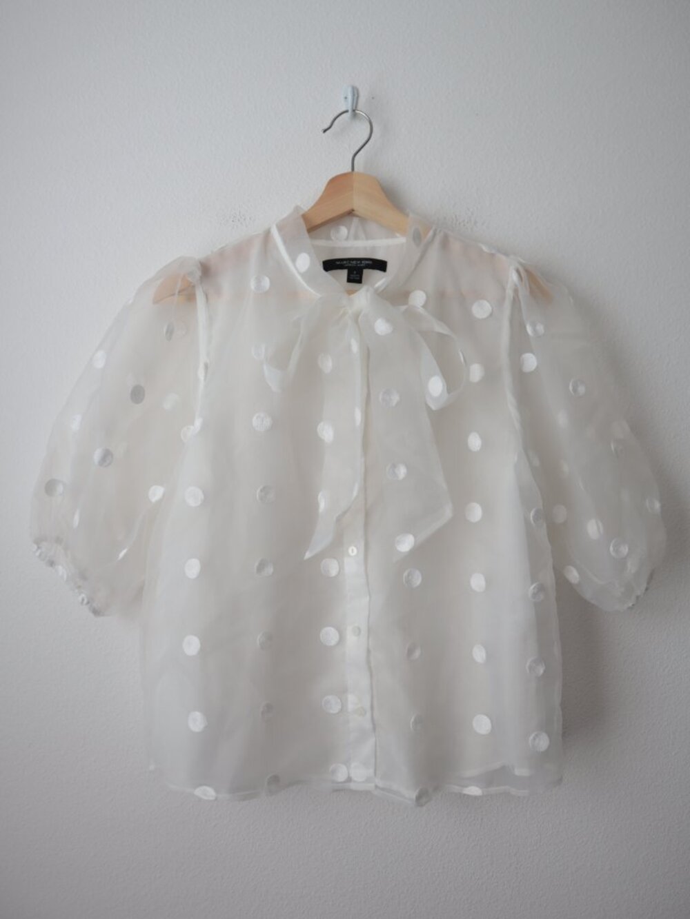 Marc New York White Sheer Polka Dot Bow Tie Top | S